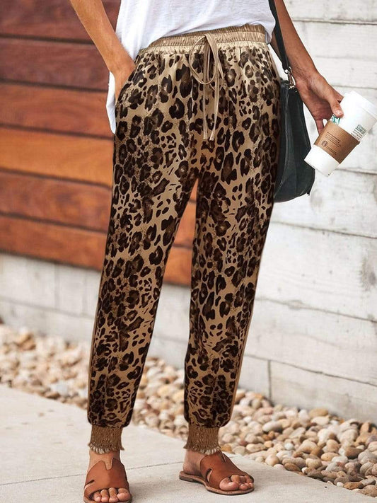 Casual Leopard Print Elastic Drawstring Waist Sport Pants
