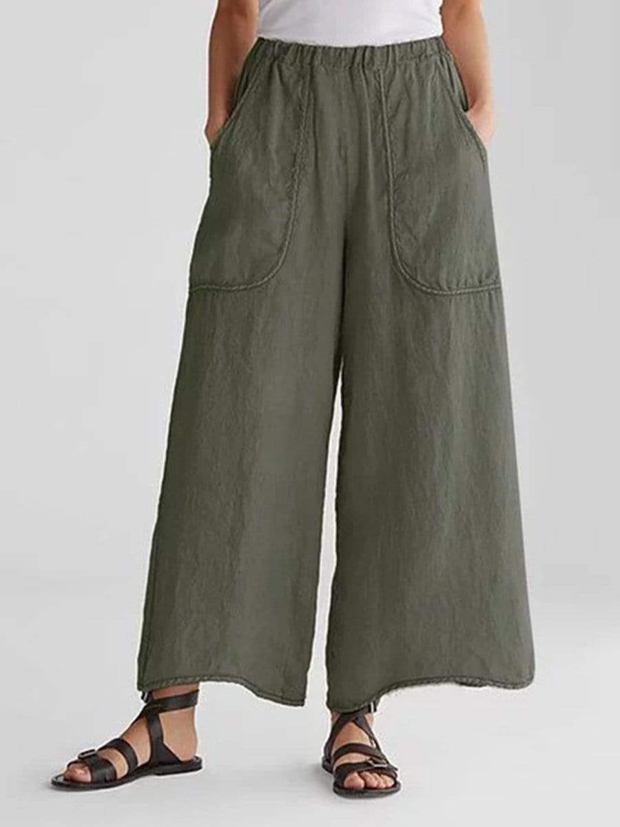 Cotton And Linen Pockets Loose Wide Leg Casual Pants