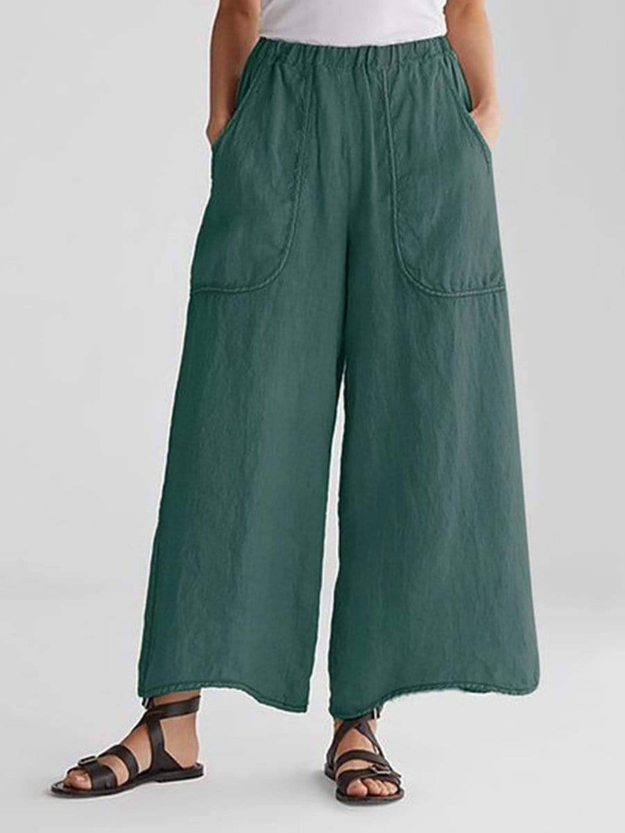 Cotton And Linen Pockets Loose Wide Leg Casual Pants