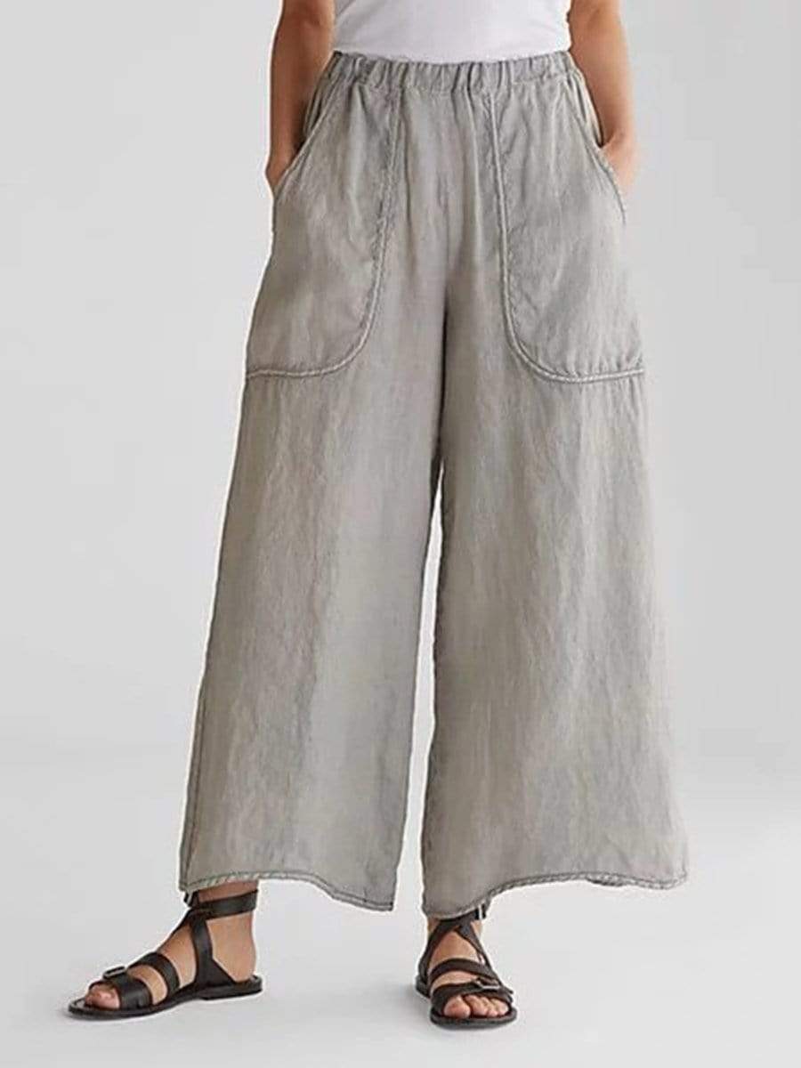 Cotton And Linen Pockets Loose Wide Leg Casual Pants